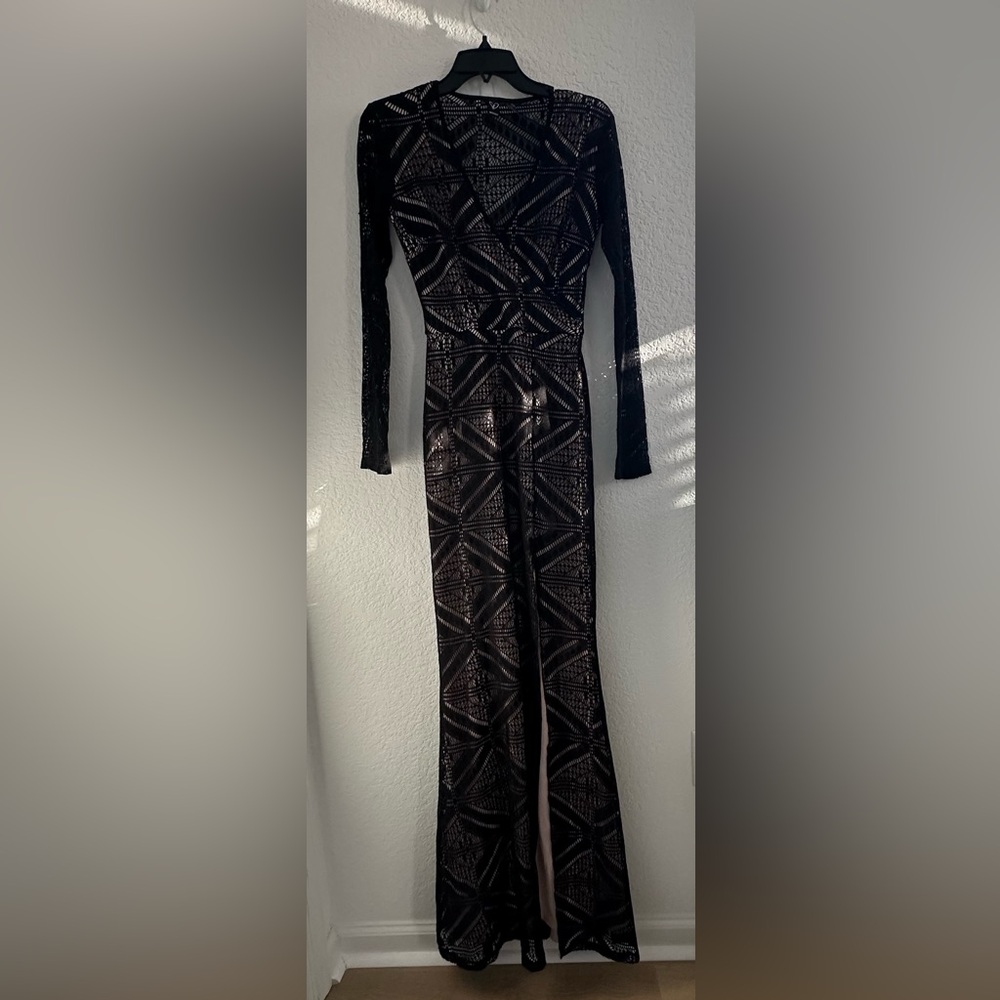 Black Lace Long Sleeve Juniors Gown Vneck Deep Front Slit Pink Lining Sheer Back